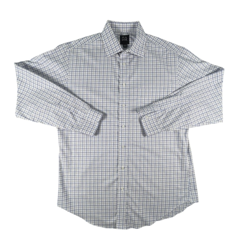 Jos. A. Bank‎ Dress Shirt Mens 16.5 35 Blue Plaid Traveler Tailored Fit Cotton
